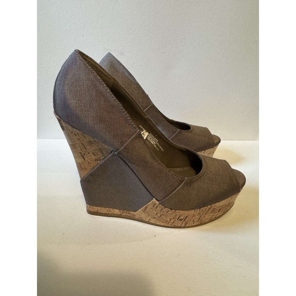 Womens Taupe Peep Toe Cork Wedge Open Shoe Heel Shoe Slip On